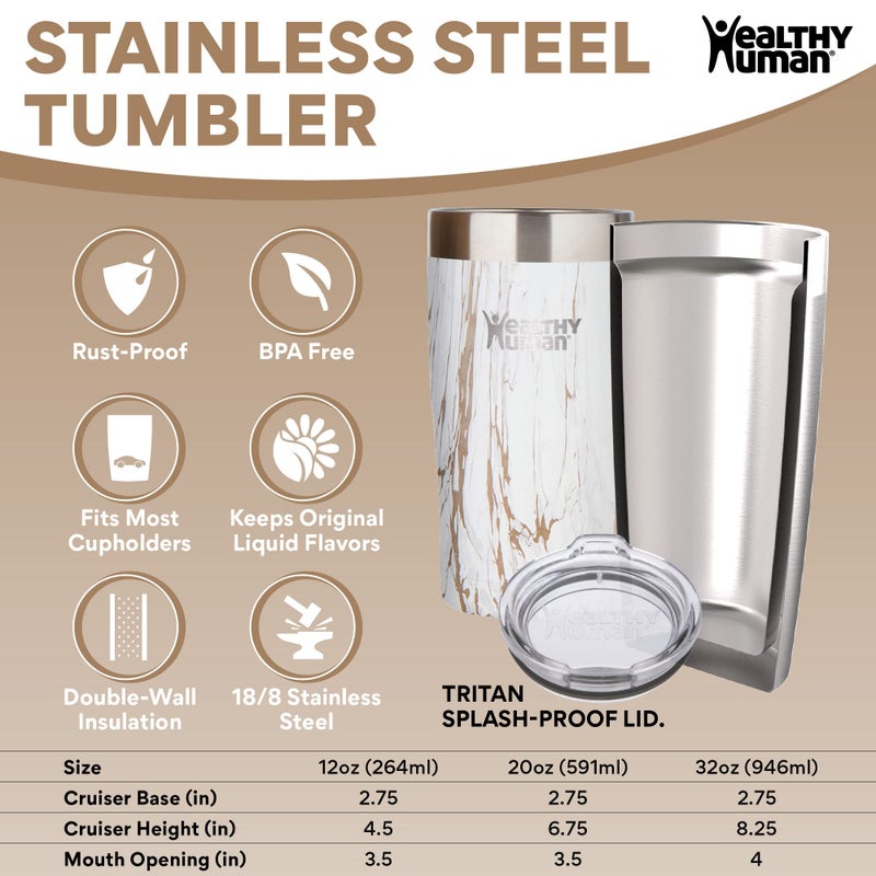 Healthy Human Stainless Steel Tumbler with Straw | Splash Proof Insulated Travel Cruiser Cup | Eco-Friendly Coffee Tumblers with Straws Cleaner & Splash Proof Lid (12oz, Stone Gold) - Image 2